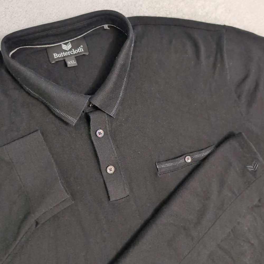 Butter Cloth Polo Shirt Mens 3XL Black Long Sleeve Acrylic Blend Pocket Sweater‎